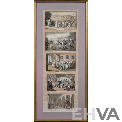 After Thomas Rowlandson (British, 1757–1827), Eight Dr Syntax Images in Varied Situations, Antique Aquatint Etchings After Original Drawings, 82 x 37 cm (larger frame) (2)