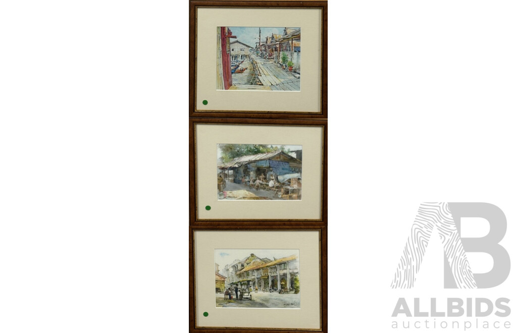 Ngo Teong Beng, (20th Century, Malaysian, 1950-), Three Scenes of Malaysian Street Life, Watercolours, 29 x 34 cm (frames) (3)