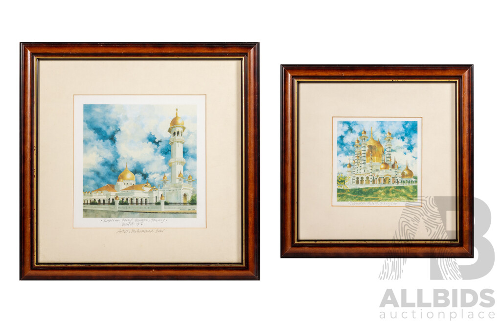 Mohammed Zaki, (20th Century, Malaysian, 1963-), Malaysian Mosques, Pair of Quality Prints of Original Watercolours, 38 x 38 cm (largest frame) (2)