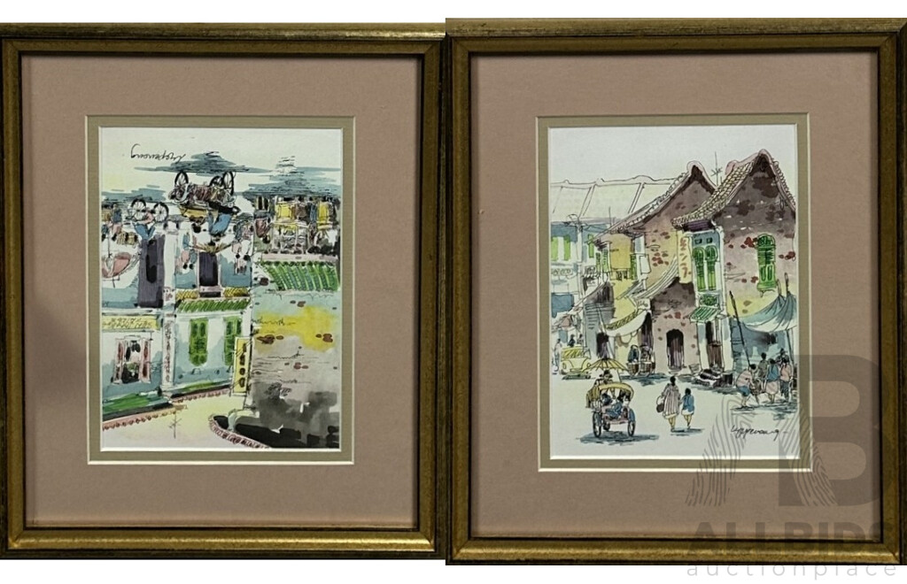 Artist Unknown (20th Century, Malaysian School), Busy Streets I & II, Ink and Watercolour, 29 x 24 cm (frames) (2)