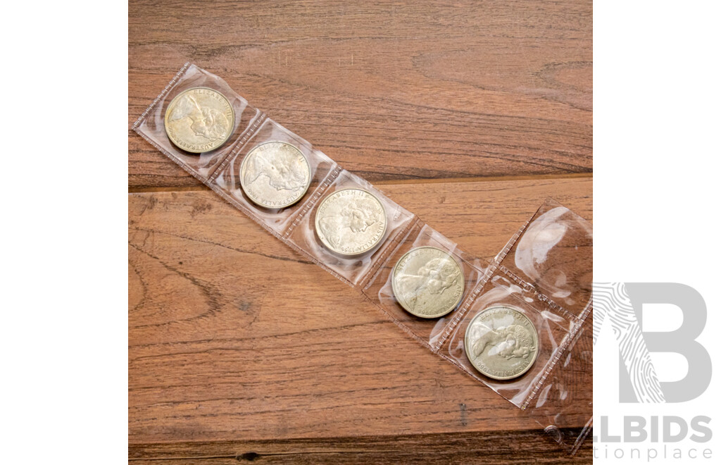 Five Australian 1966 Round Silver Fifty Cent Coins .800