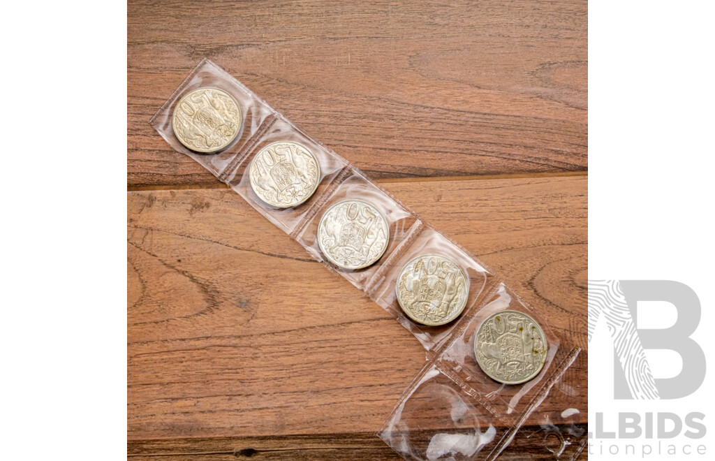Five Australian 1966 Round Silver Fifty Cent Coins .800