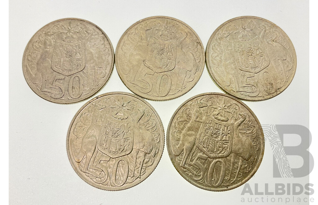 Five Australian 1966 Silver Round Fifty Cent Coins .800