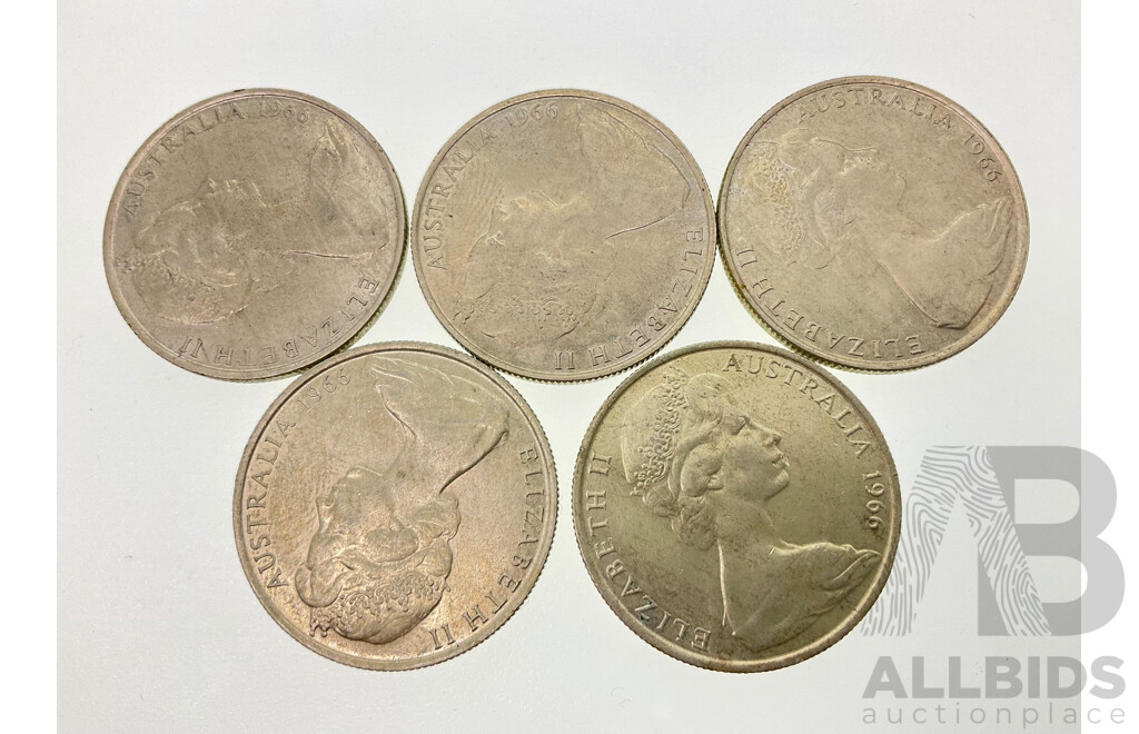 Five Australian 1966 Silver Round Fifty Cent Coins .800