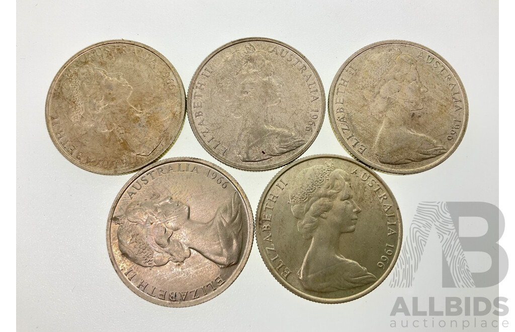 Five Australian 1966 Silver Round Fifty Cent Coins .800