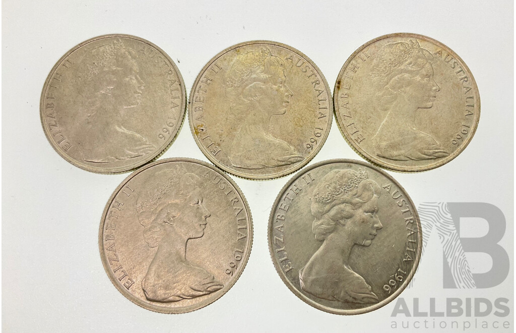 Five Australian 1966 Silver Round Fifty Cent Coins .800