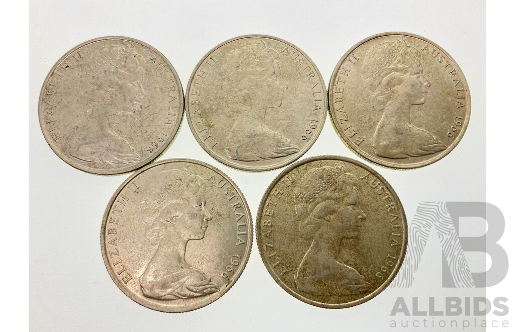 Five Australian 1966 Silver Round Fifty Cent Coins .800