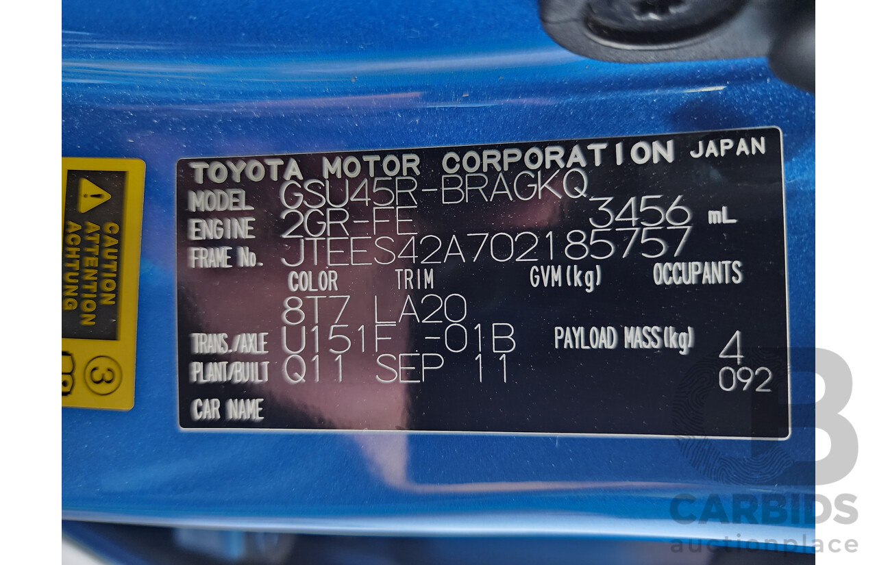 10/2011 Toyota Kluger Grande (4x4) GSU45R MY11 UPGRADE 4d Wagon Blue 3.5L