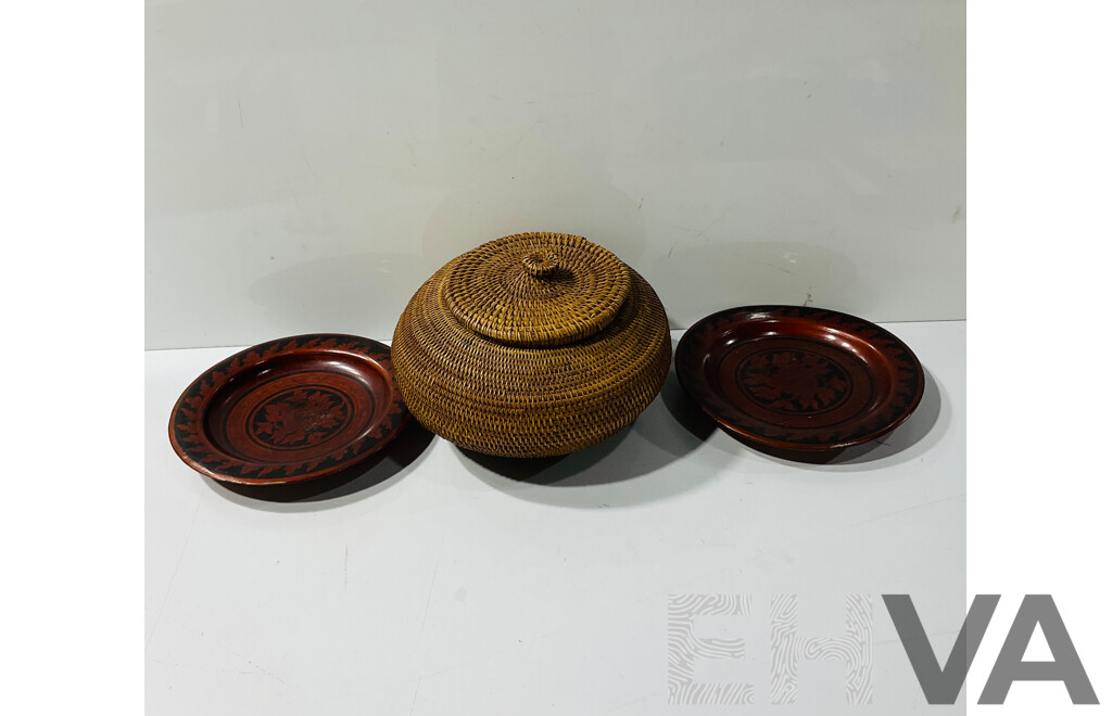 Pair Hand Painted Plates with Wooden Display Stands Along with Hand Made Lidded Basket