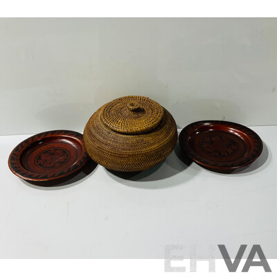 Pair Hand Painted Plates with Wooden Display Stands Along with Hand Made Lidded Basket