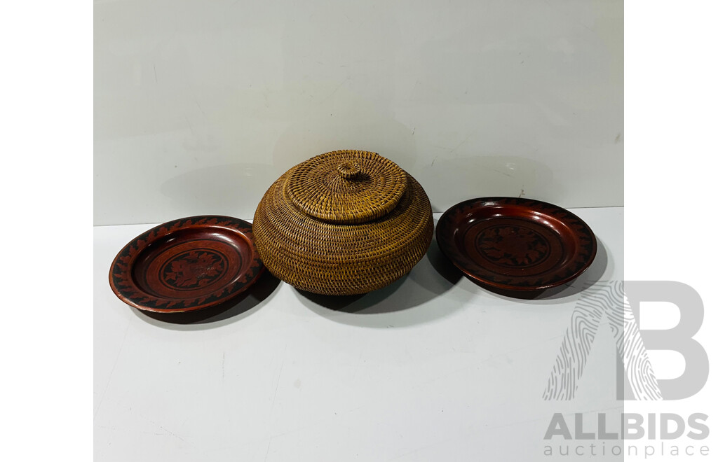 Pair Hand Painted Plates with Wooden Display Stands Along with Hand Made Lidded Basket