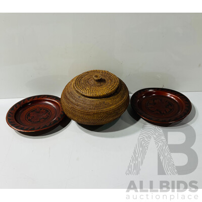 Pair Hand Painted Plates with Wooden Display Stands Along with Hand Made Lidded Basket