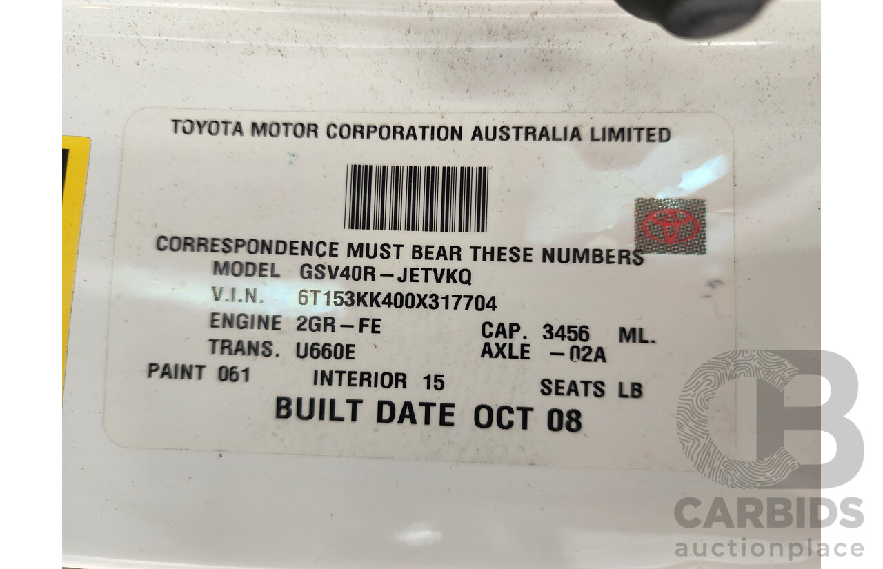 10/2008 Toyota Aurion Sportivo ZR6 GSV40R 4d Sedan White 3.5L