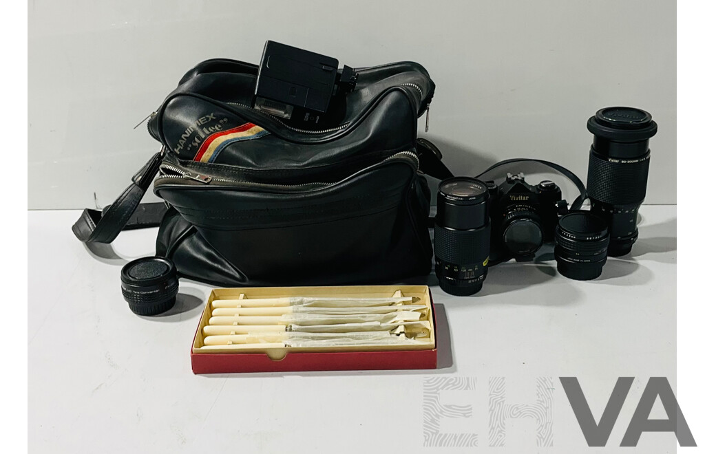 Vintage Vivitar XV-II Camera with Several Lenses and Stainless Steal Cutlery in Vintage Hanimex “softee” Bag