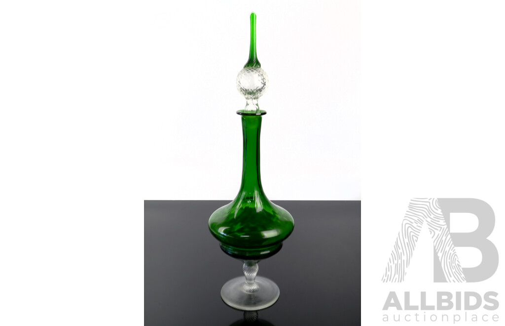 Very Funky Mid Century Italian Green Glass Footed Genie Bottle with Stopper and Twist Detail to Stem & Stopper