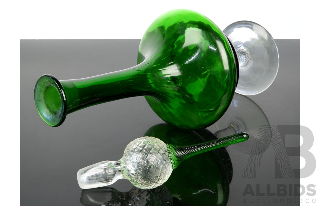 Very Funky Mid Century Italian Green Glass Footed Genie Bottle with Stopper and Twist Detail to Stem & Stopper