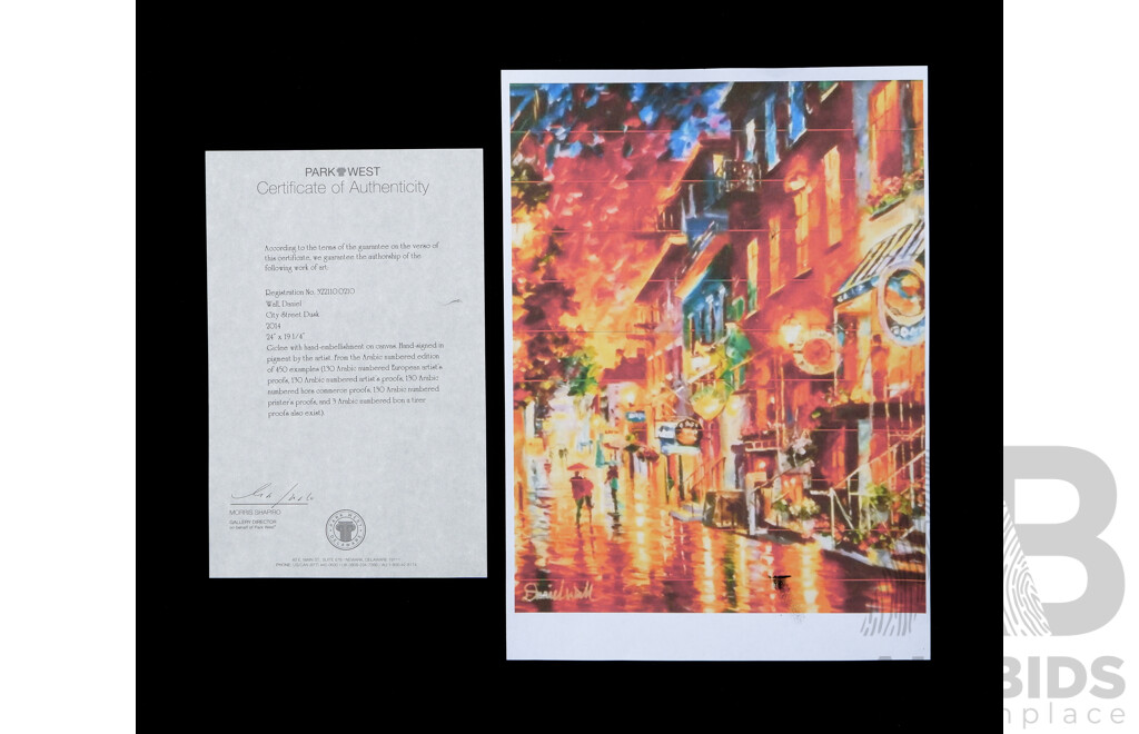 Daniel Wall, City Street Dusk (2014), Giclee with Hand Embellishment on Canvas, Editioned 228 of 450,  89 x 77 cm (frame)