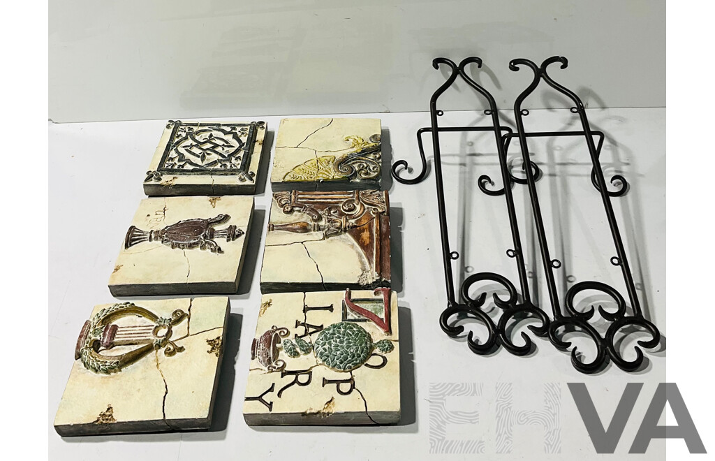 Two Metal Frames for Hanging Set Six Faux Ancient Classical Style Tiles