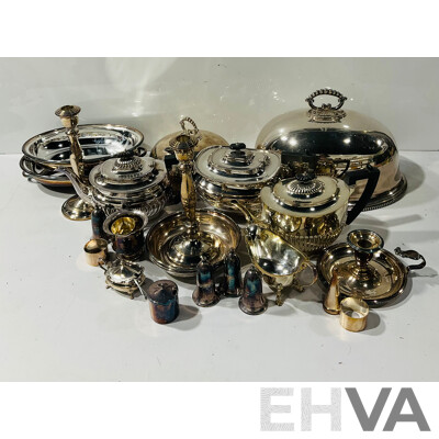 Large Collection Vintage and Other Silver Plate Pieces Including Pair Candle Holders, Meat Domes and More