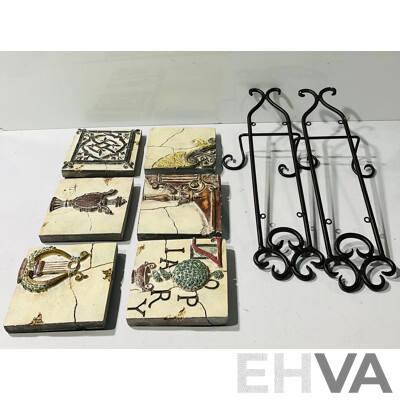 Two Metal Frames for Hanging Set Six Faux Ancient Classical Style Tiles