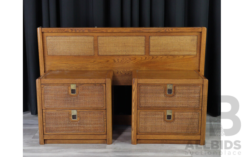 Pair of Oak Two Drawer Bedside Chests with Bed Head