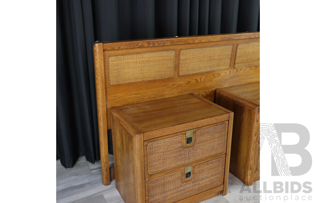 Pair of Oak Two Drawer Bedside Chests with Bed Head