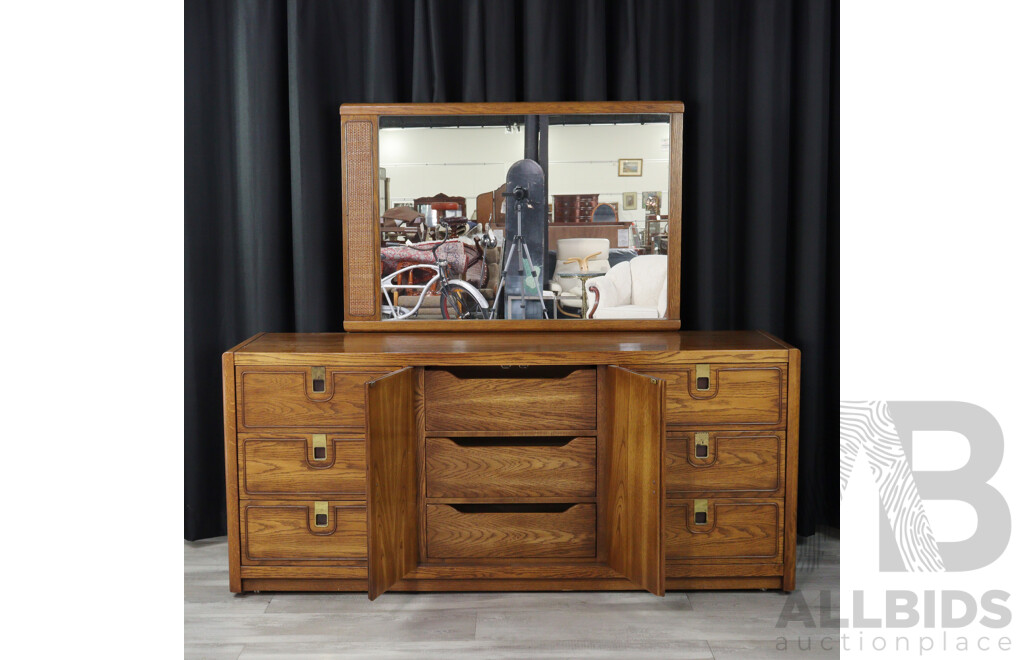 Large Oak Mirrored Back Dressing Chest