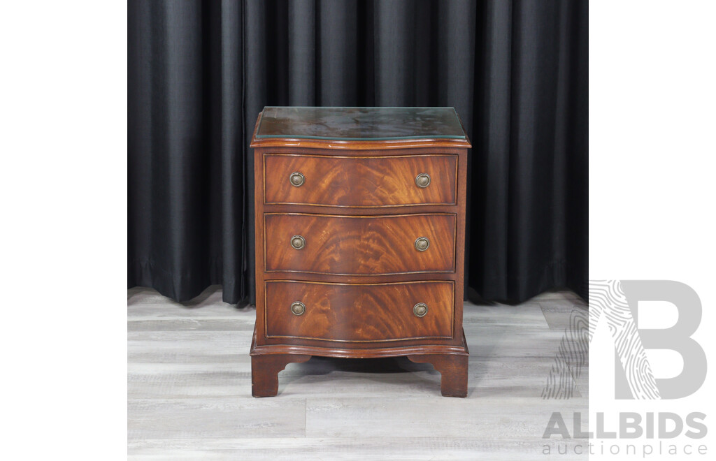 Serpentine Front Flame Mahogany Three Drawer Bedside Chest