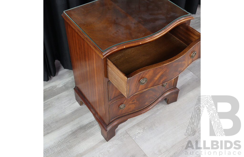 Serpentine Front Flame Mahogany Three Drawer Bedside Chest