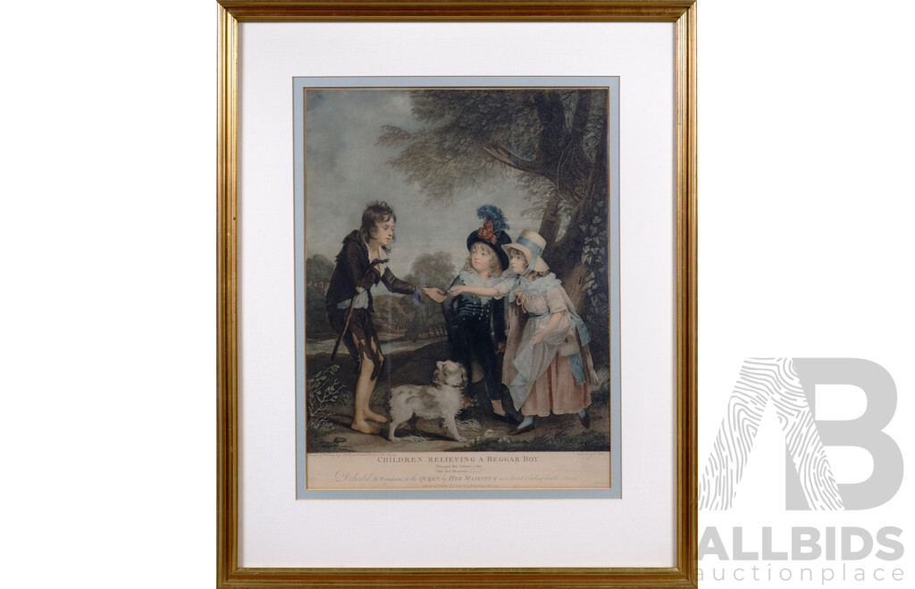 After Sir William Beechey, 1753-1839), Engraved by C Wilkins (1750-1814), Children Relieving a Beggar Boy,  Etching and Stipple Engraving, (c1796), 74 x 60 cm (frame)