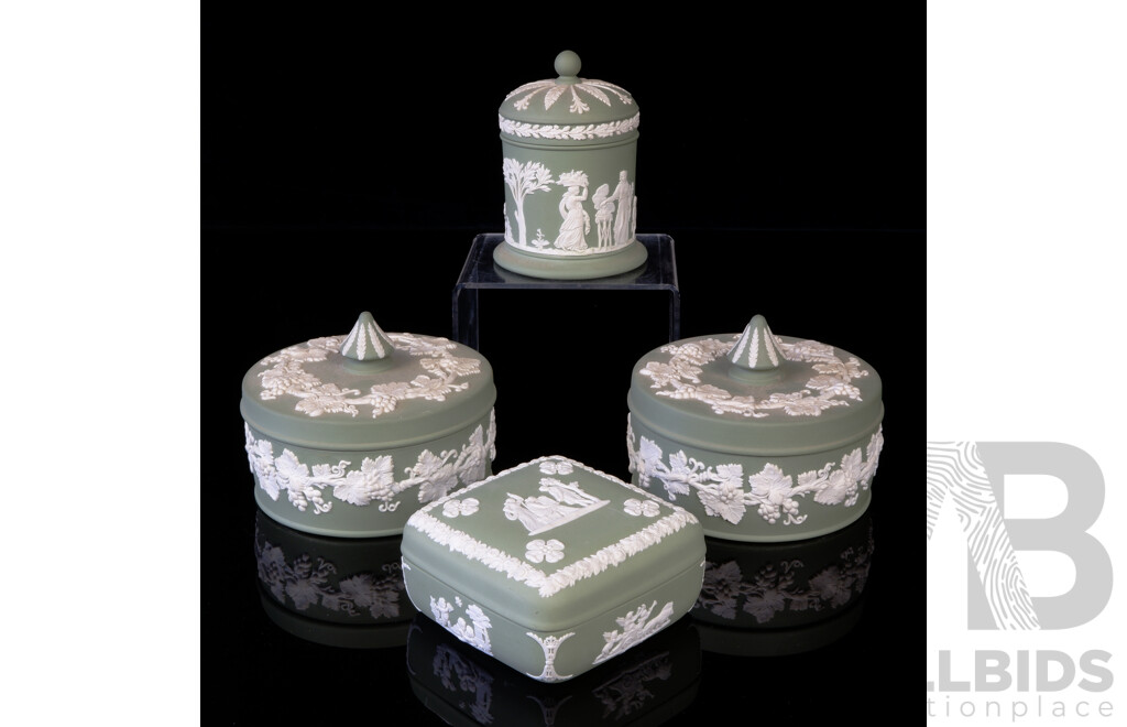 Collection Four Vintage Wedgwood Jasperware Pieces in Sage Green Including Pair Lidded Dishes and More