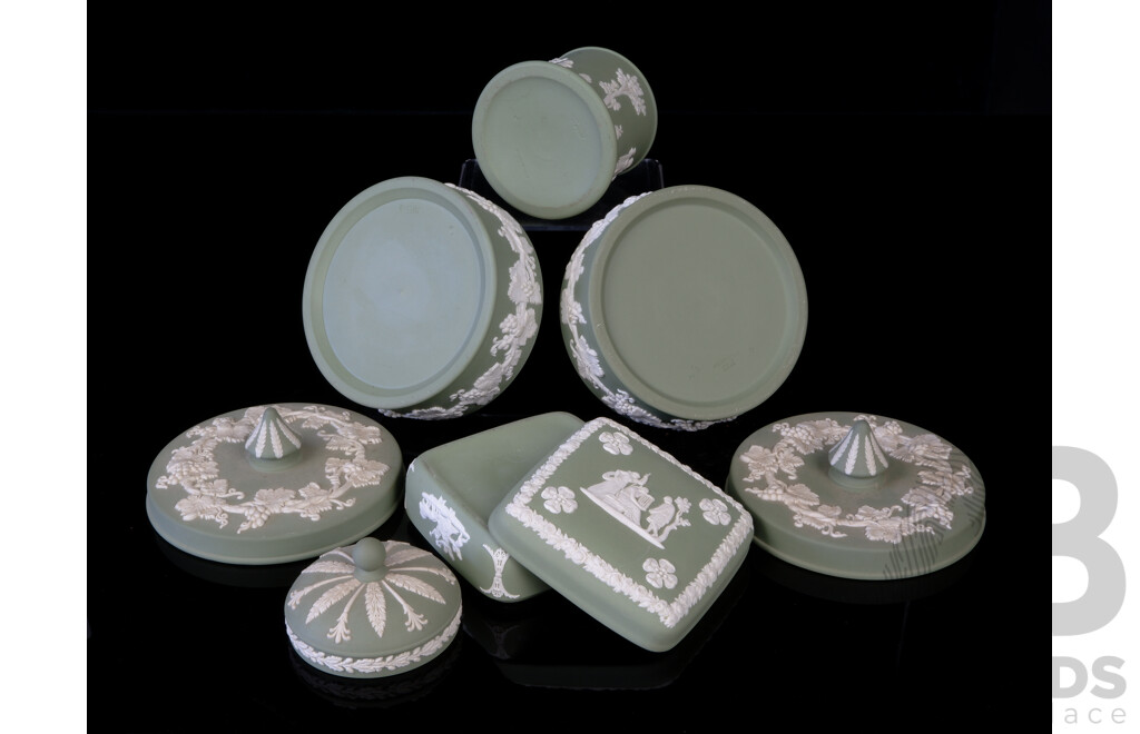 Collection Four Vintage Wedgwood Jasperware Pieces in Sage Green Including Pair Lidded Dishes and More