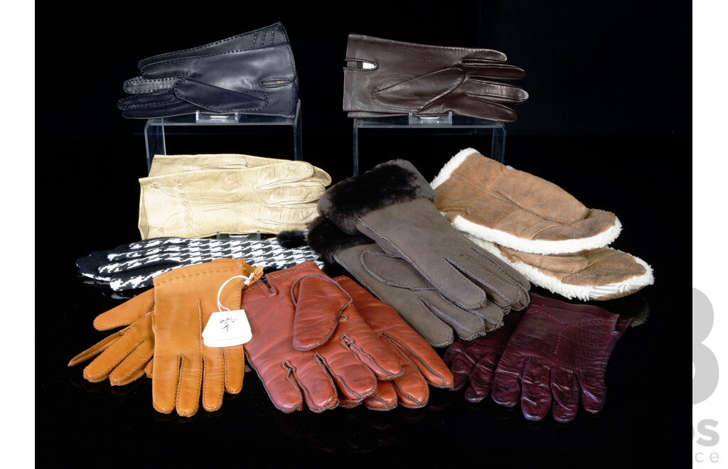 Collection Nine Pairs Vintage and Other Gloves Including Six Leather Pairs, Two Ugg Sheepskin Pairs and More
