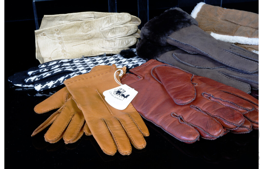 Collection Nine Pairs Vintage and Other Gloves Including Six Leather Pairs, Two Ugg Sheepskin Pairs and More