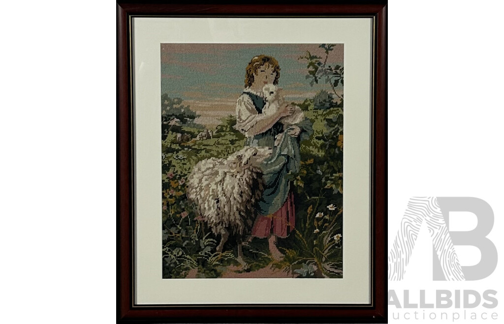 Girl with Sheep and Lamb, Framed Wool Tapestry, 82 x 69 cm (frame)