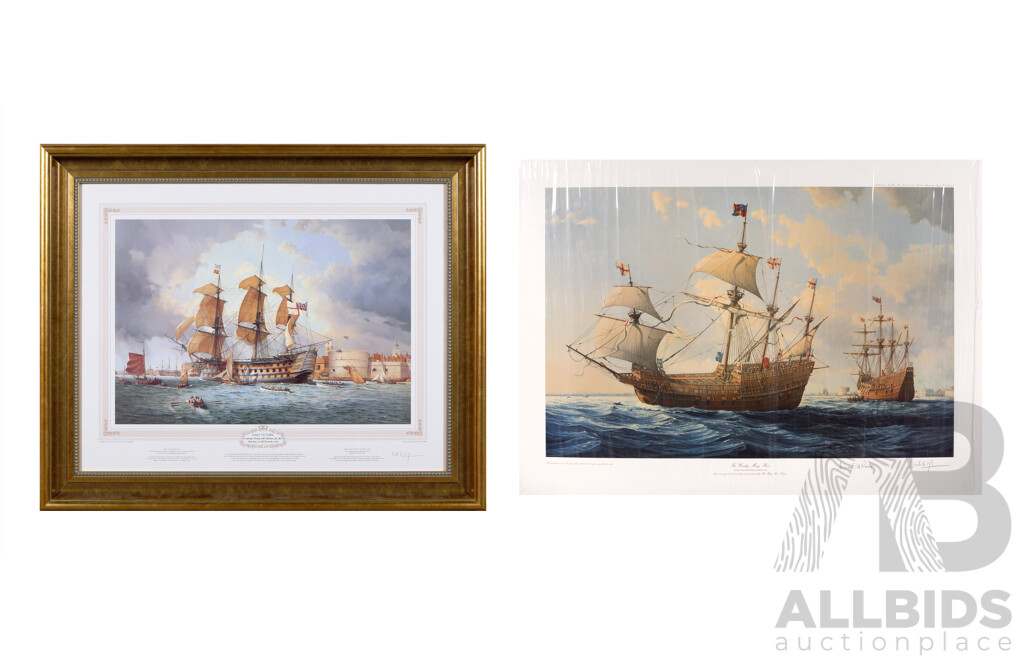 W.H. Bishop, (20th Century, British, 1942-), The Warship Mary Rose & H.M.S. Victory, Pair of Quality Colour Reproductions of Original Oils, 76 x 92 cm (frame) (2)