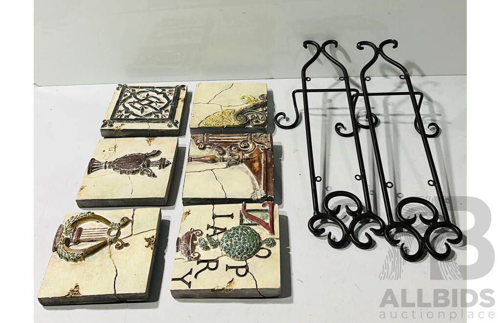 Two Metal Frames for Hanging Set Six Faux Ancient Classical Style Tiles
