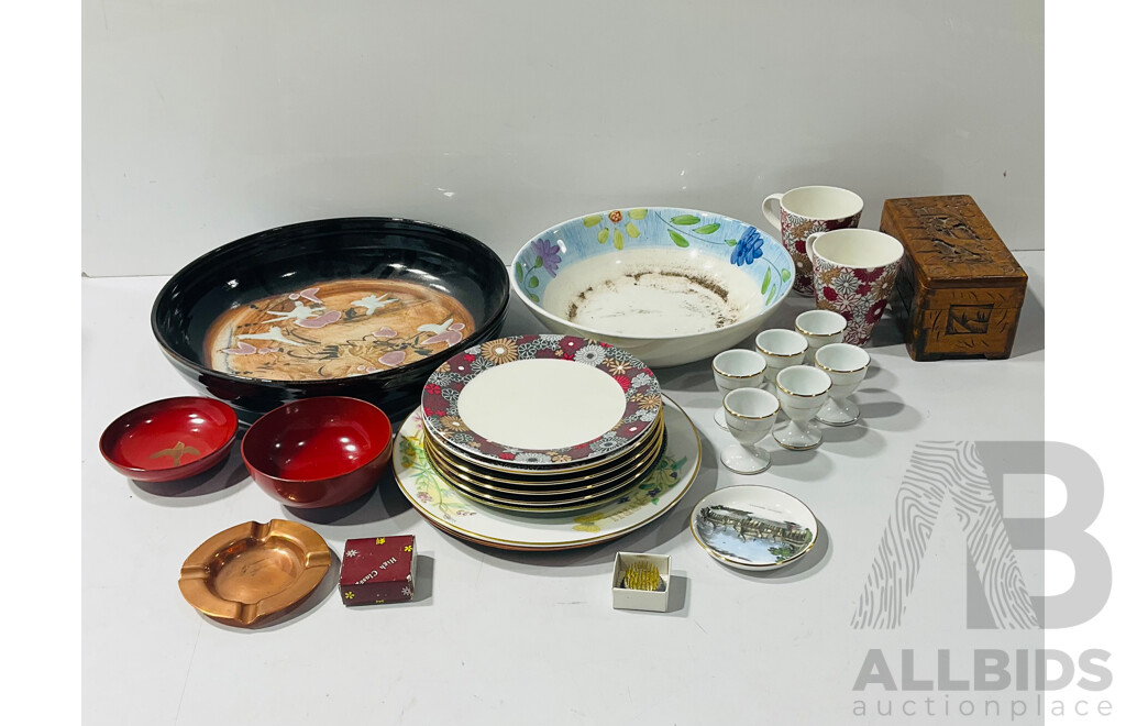 Collection Decorator Items Including Set Four Bradex Cat Display Plates, Villeroy and Boch Pair Mugs and Underplates, Small Camphor Carved Box and More