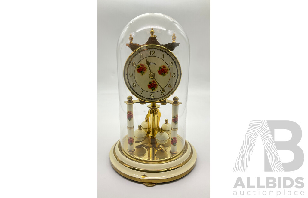 Vintage Brass Koma Anniversary Glass Dome Clock with Floral Decorations, Made in Germany