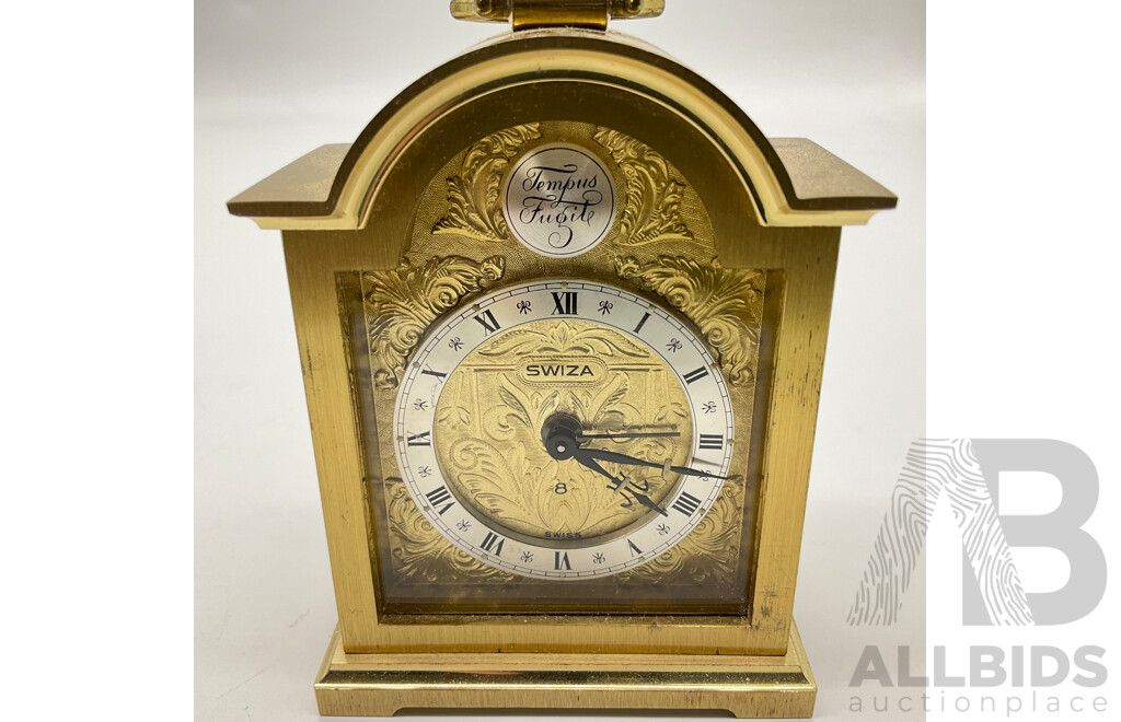 Vintage Brass Swiza Tempus Fugit Eight Day Alarm Clock, Swiss Made