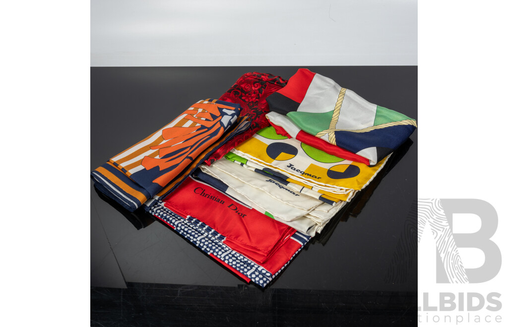 Collection Silk Scarves Including Ginnie Johansen, Two Jacqmar Examples, Christian Dior and More