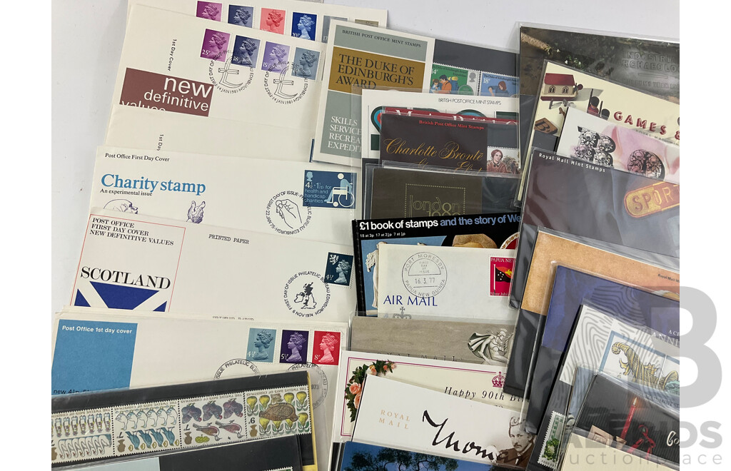 Collection of United Kingdom Stamp Packs and First Day Covers, Examples Spanning 1970's to 1990's