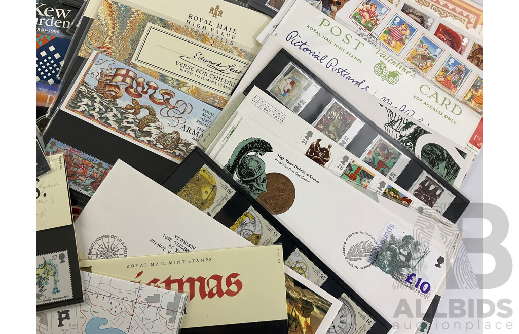 Collection of United Kingdom Stamp Packs and First Day Covers, Examples Spanning 1970's to 1990's