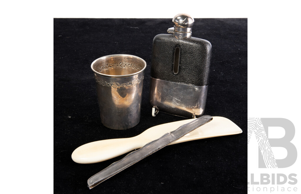 Collection Items Comprising .750 Silver Beaker, Ivory Shoe Horn by Drew & Sons, Hip Flask with Silver Plate Base and Sterling Silver Evening Bag Top,