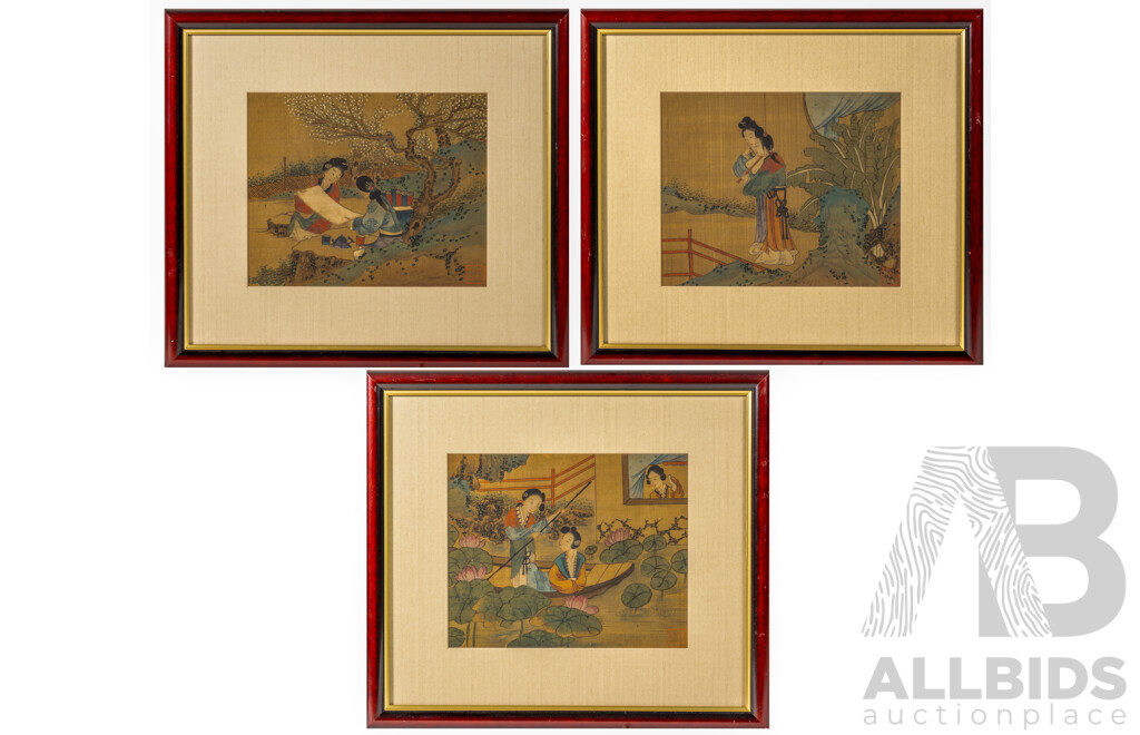 Artist Unknown, (Mid-20th Century, Chinese School), Walking Together, Boat Ride Amongst the Lotuses & Tea for Two, Trio of Professionally Framed Vintage Watercolour & Ink on Silk, 36 x 40 cm (frame) (3)