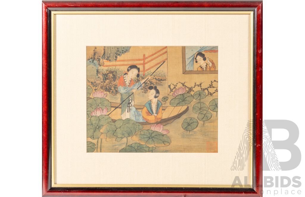 Artist Unknown, (Mid-20th Century, Chinese School), Walking Together, Boat Ride Amongst the Lotuses & Tea for Two, Trio of Professionally Framed Vintage Watercolour & Ink on Silk, 36 x 40 cm (frame) (3)