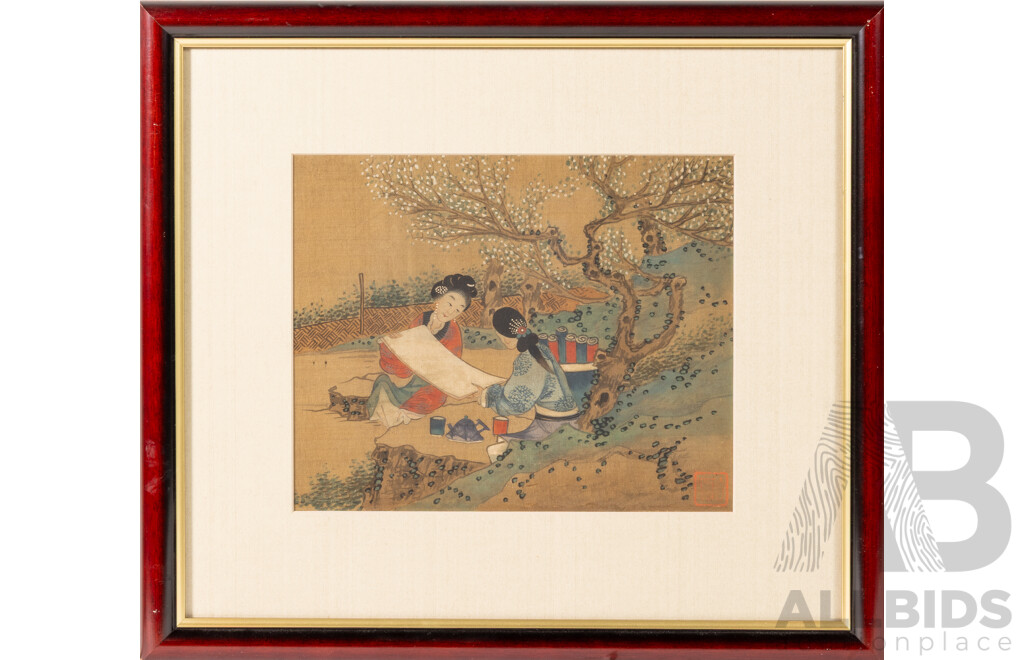 Artist Unknown, (Mid-20th Century, Chinese School), Walking Together, Boat Ride Amongst the Lotuses & Tea for Two, Trio of Professionally Framed Vintage Watercolour & Ink on Silk, 36 x 40 cm (frame) (3)