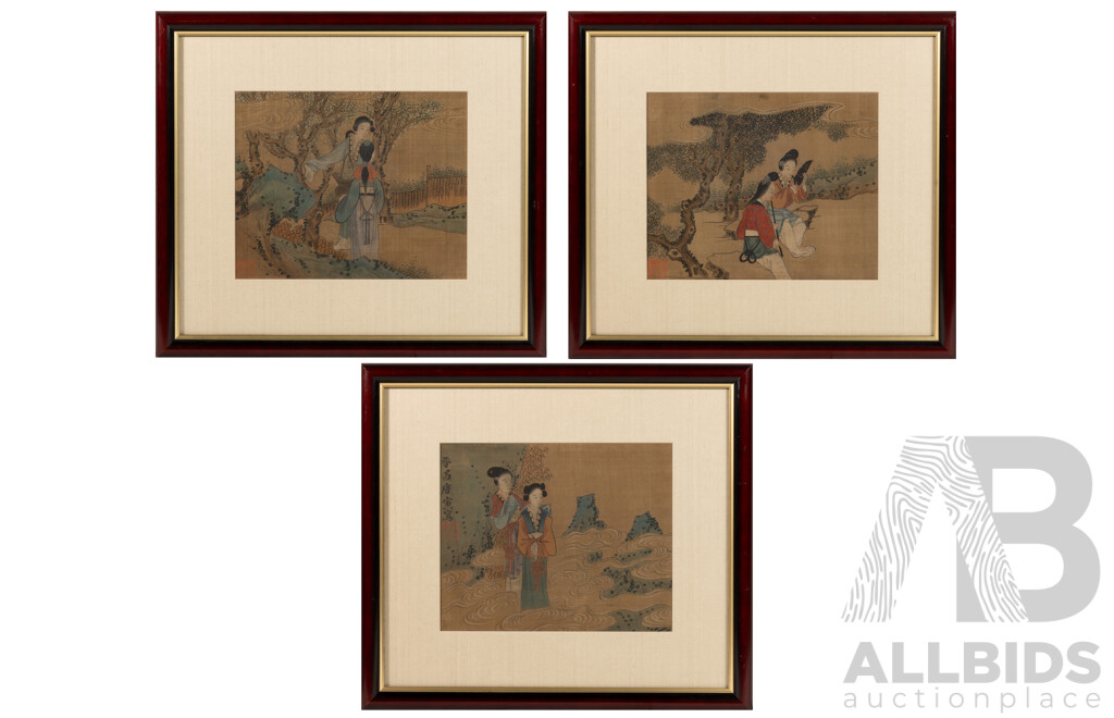After Tang Yin of Jinchang (1470-1524); (Mid-20th Century Reproductions, Chinese School), Reflecting on Nature, Pair Smoking & Gathering in the Garden, Trio of Professionally Framed Vintage Watercolour & Ink on Silk Prints, 36 x 40 cm (frame) (3)