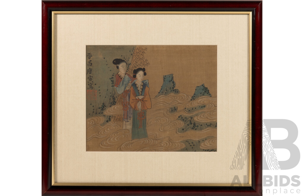 After Tang Yin of Jinchang (1470-1524); (Mid-20th Century Reproductions, Chinese School), Reflecting on Nature, Pair Smoking & Gathering in the Garden, Trio of Professionally Framed Vintage Watercolour & Ink on Silk Prints, 36 x 40 cm (frame) (3)