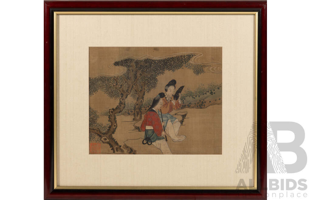 After Tang Yin of Jinchang (1470-1524); (Mid-20th Century Reproductions, Chinese School), Reflecting on Nature, Pair Smoking & Gathering in the Garden, Trio of Professionally Framed Vintage Watercolour & Ink on Silk Prints, 36 x 40 cm (frame) (3)